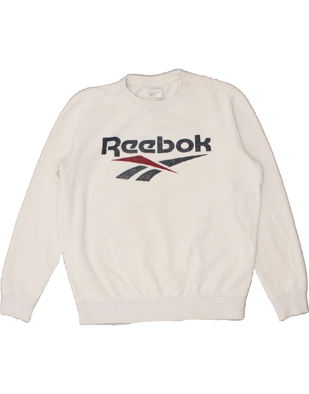 REEBOK Womens Oversized Graphic Sweatshirt Jumper UK 14 Medium White Hoodie with Ribbed Cuffs Snug Fit Comfort REEBOK Womens Oversized Graphic Sweatshirt Jumper UK 14 Medium White Hoodie with Ribbed Cuffs Snug Fit Comfort
