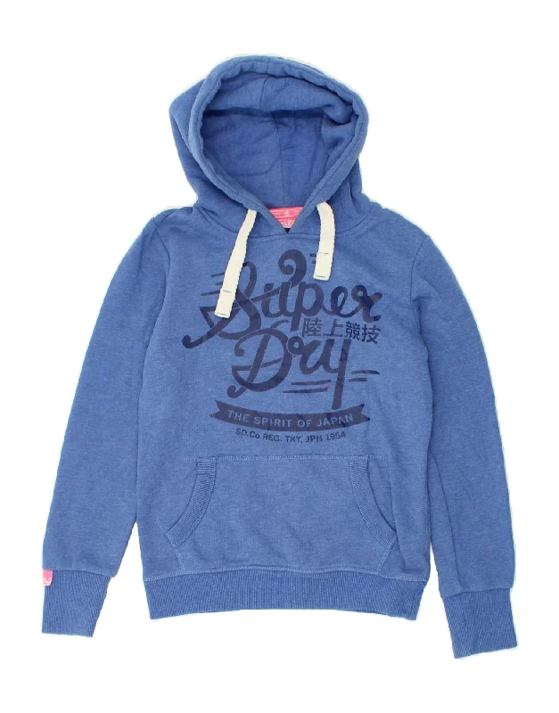 SUPERDRY Womens Graphic Hoodie Jumper UK 10 Small Blue Cotton Hoodie with Drawcord Adjustable Secure SUPERDRY Womens Graphic Hoodie Jumper UK 10 Small Blue Cotton Hoodie with Drawcord Adjustable Secure