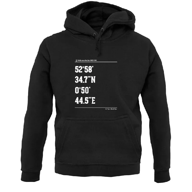 Surfing Coordinates Wells Next The Sea Unisex Hoodie Hoodie with Hem Embroidery Detailed Premium Surfing Coordinates Wells Next The Sea Unisex Hoodie Hoodie with Hem Embroidery Detailed Premium