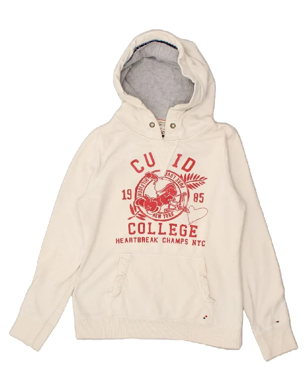 TOMMY HILFIGER Womens Graphic Hoodie Jumper UK 16 Large Off White Cotton Hoodie with Hem Embroidery Detailed Premium TOMMY HILFIGER Womens Graphic Hoodie Jumper UK 16 Large Off White Cotton Hoodie with Hem Embroidery Detailed Premium