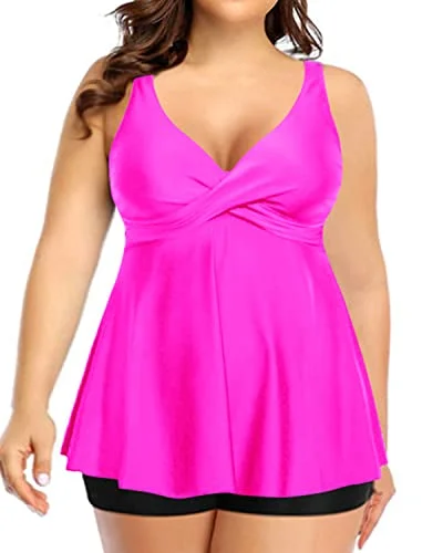 Flowy Plus Size Tankini Swim Top With Boy Shorts For Women-Hot Pink Plunge Back Swimsuit Flowy Plus Size Tankini Swim Top With Boy Shorts For Women-Hot Pink Plunge Back Swimsuit