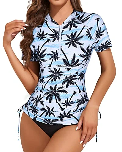 Women's Short Sleeve Swim Shirt With Built In Bra And Bottom-Black Palm Tree Adjustable Swim Top Women's Short Sleeve Swim Shirt With Built In Bra And Bottom-Black Palm Tree Adjustable Swim Top