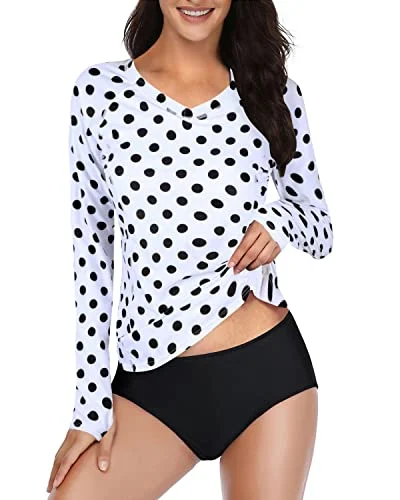 2 Piece Swimsuit With Built In Bra & Shorts For Women Rash Guard Long Sleeve-Black Dot Floral Swimwear Set 2 Piece Swimsuit With Built In Bra & Shorts For Women Rash Guard Long Sleeve-Black Dot Floral Swimwear Set