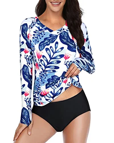 2 Piece Swim Shirt & Shorts For Women Rash Guard Long Sleeve-White And Blue Floral Sexy Swimwear Set 2 Piece Swim Shirt & Shorts For Women Rash Guard Long Sleeve-White And Blue Floral Sexy Swimwear Set