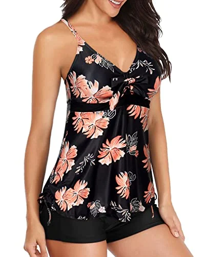 Two Piece Tankini Swimsuit With Shorts Tummy Control Bathing Suit For Women-Black Orange Floral Tropical Print Bikini Two Piece Tankini Swimsuit With Shorts Tummy Control Bathing Suit For Women-Black Orange Floral Tropical Print Bikini