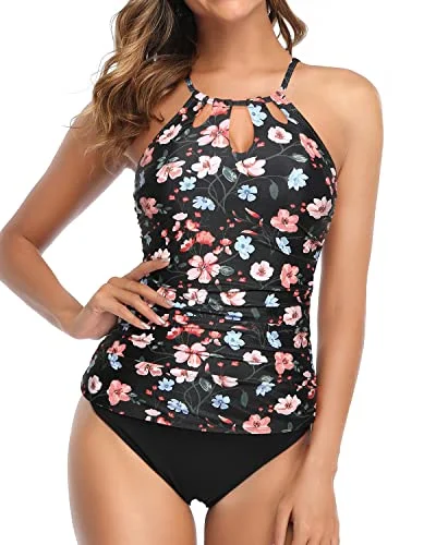 High Neck Ruched Two Piece Tankini Bathing Suit With Push Up Bra For Women-Black And Pink Floral Swim Dress with Belt High Neck Ruched Two Piece Tankini Bathing Suit With Push Up Bra For Women-Black And Pink Floral Swim Dress with Belt