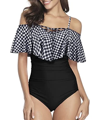 Removable Push-Up Padded Bra Swimsuits Criss-Cross Lace-Up For Women-Black And White Checkered Plunge Neckline Swimsuit Removable Push-Up Padded Bra Swimsuits Criss-Cross Lace-Up For Women-Black And White Checkered Plunge Neckline Swimsuit