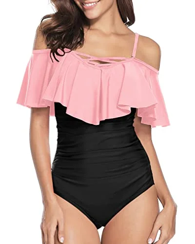 Lace Up Vintage Ruffle Swimwear For Women Off Shoulder One Piece Swimsuit-Pink And Black High-Waisted Swimwear Lace Up Vintage Ruffle Swimwear For Women Off Shoulder One Piece Swimsuit-Pink And Black High-Waisted Swimwear