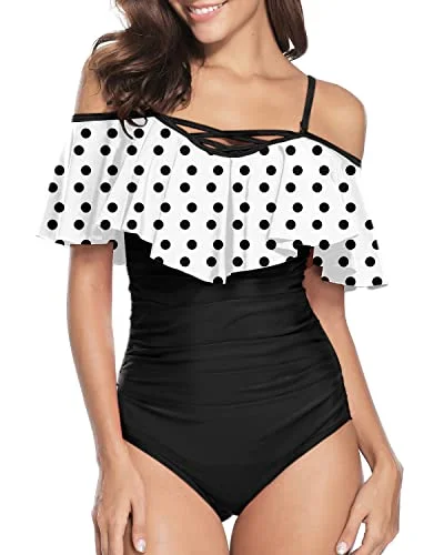 Lace Up Ruffle Swimsuits Best Bathing Suits For Curvy Women-White Black Polka Dots Vibrant Bikini Design Lace Up Ruffle Swimsuits Best Bathing Suits For Curvy Women-White Black Polka Dots Vibrant Bikini Design