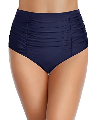 High Waisted Tummy Control Swim Bottom Vintage Ruched Bikini Bottom-Navy Blue Solid Color Swimsuit High Waisted Tummy Control Swim Bottom Vintage Ruched Bikini Bottom-Navy Blue Solid Color Swimsuit