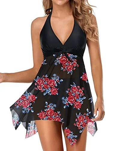 Mesh Halter Bathing Suit Dress Tankini Top With Tummy Control Shorts For Women-Blue Floral Sexy Swimwear Set Mesh Halter Bathing Suit Dress Tankini Top With Tummy Control Shorts For Women-Blue Floral Sexy Swimwear Set