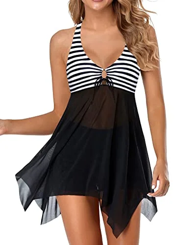 Ladies Mesh Tummy Control 2 Piece Swim Dress With Boyshorts-Black And White Stripe Classic Two-Piece Bikini Ladies Mesh Tummy Control 2 Piece Swim Dress With Boyshorts-Black And White Stripe Classic Two-Piece Bikini