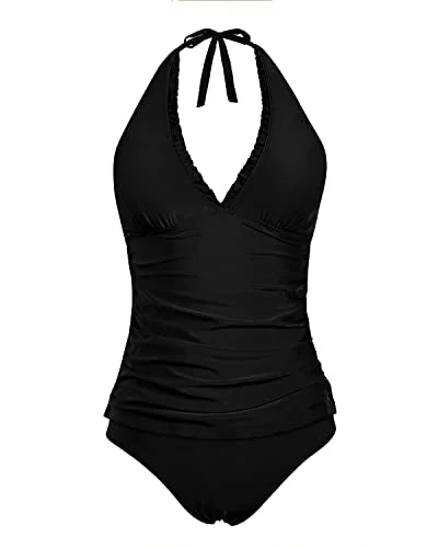 Halter Tankini Swimsuits Tummy Control Two Piece Ruffle V Neck Bathing Suits-Black Plus-Size Bikini Set Halter Tankini Swimsuits Tummy Control Two Piece Ruffle V Neck Bathing Suits-Black Plus-Size Bikini Set