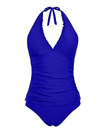 Ruffle V Neck Tankini Top With Bikini Bottoms Tankini Swimsuits-Royal Blue Push-Up Bikini Bottoms Ruffle V Neck Tankini Top With Bikini Bottoms Tankini Swimsuits-Royal Blue Push-Up Bikini Bottoms