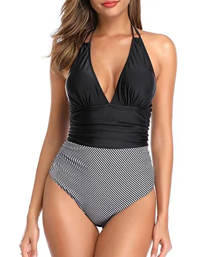 Plunge V Neck Women One Piece Swimsuit Tummy Control Halter Bathing Suit-Black Stripe Push-Up Bikini Top Plunge V Neck Women One Piece Swimsuit Tummy Control Halter Bathing Suit-Black Stripe Push-Up Bikini Top
