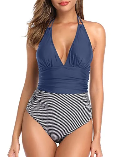 Open Back Halter Bathing Suit Tummy Control Women One Piece Swimwear-Blue White Stripe Push-Up Bikini Top Open Back Halter Bathing Suit Tummy Control Women One Piece Swimwear-Blue White Stripe Push-Up Bikini Top