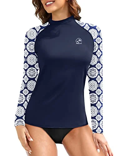 Women's Upf 50+ Sun Protection Long Sleeve Swim Shirts-Blue And White Snake Print Luxury Swimsuit Style Women's Upf 50+ Sun Protection Long Sleeve Swim Shirts-Blue And White Snake Print Luxury Swimsuit Style