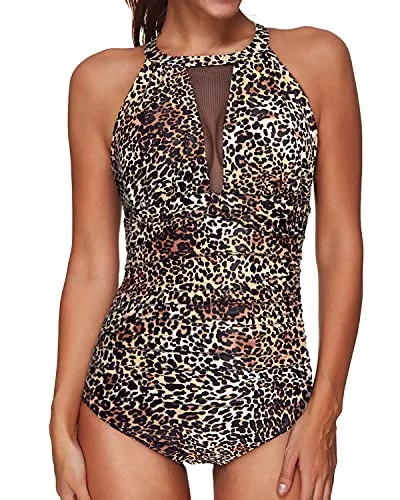 Halter High Neck Mesh Tummy Control One Piece Swimsuit-Leopard Mesh Swimsuit Top