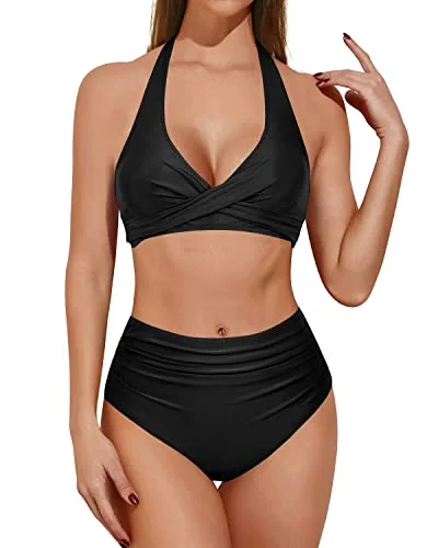 Vintage Halter Neck Swimsuit With High Rise Bottom For Curvy Ladies-Black Shiny One-Piece Swimsuit Vintage Halter Neck Swimsuit With High Rise Bottom For Curvy Ladies-Black Shiny One-Piece Swimsuit
