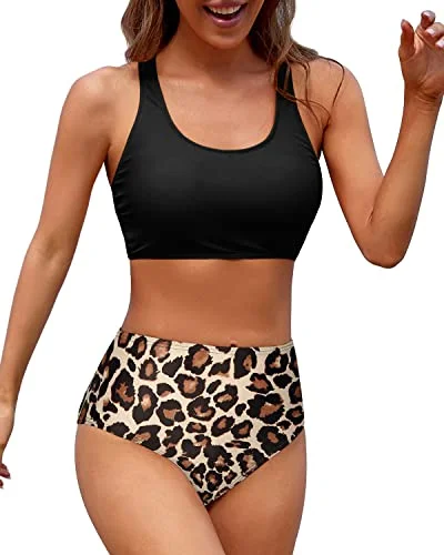 Sporty Women High Waisted Two Piece Bikini Sports Crop Top Swimsuit-Black And Leopard Timeless Black Bikini Sporty Women High Waisted Two Piece Bikini Sports Crop Top Swimsuit-Black And Leopard Timeless Black Bikini