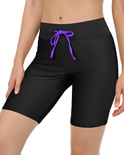 Women's Swim Shorts With Tummy Control Long Board Shorts-Black Purple Sporty Swimwear Bottoms Women's Swim Shorts With Tummy Control Long Board Shorts-Black Purple Sporty Swimwear Bottoms