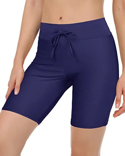 High Waisted Swim Shorts Tummy Control Boy Shorts For Women-Navy Blue Mesh Panel Swimwear High Waisted Swim Shorts Tummy Control Boy Shorts For Women-Navy Blue Mesh Panel Swimwear