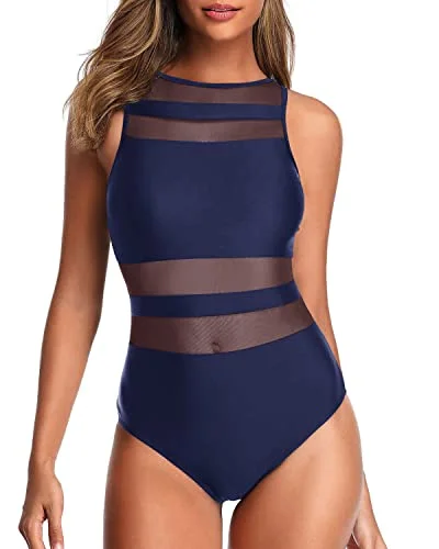 Women's Unique And Charming Mesh Patchwork One Piece Swimsuits-Navy Blue Sporty Racerback Swimsuit Women's Unique And Charming Mesh Patchwork One Piece Swimsuits-Navy Blue Sporty Racerback Swimsuit