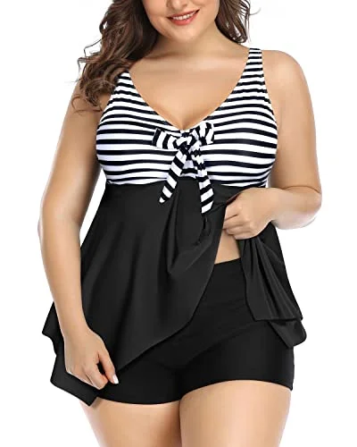 Plus Size V Neck Tankini Swimsuits For Women With Boy Shorts-Black And White Stripe Classic Swimsuit Design Plus Size V Neck Tankini Swimsuits For Women With Boy Shorts-Black And White Stripe Classic Swimsuit Design