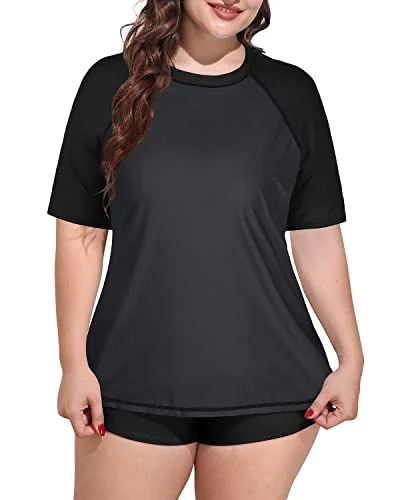 Short Sleeved Women's Plus Size Rash Guard Swimsuit With Boyshorts-Grey And Black Mesh Detail Bikini Short Sleeved Women's Plus Size Rash Guard Swimsuit With Boyshorts-Grey And Black Mesh Detail Bikini
