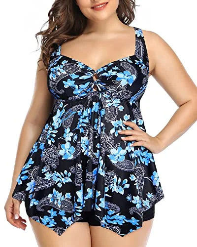 Plus Size Adjustable Shoulder Strap Tankini Swimsuits For Women-Black Floral Playful Pattern Swimsuit Plus Size Adjustable Shoulder Strap Tankini Swimsuits For Women-Black Floral Playful Pattern Swimsuit