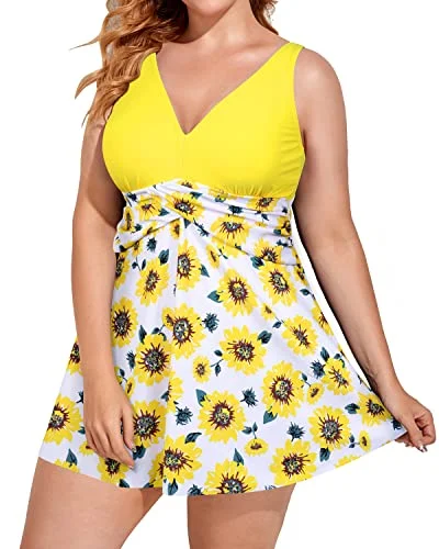 V Neck Plus Size Swim Dress With Tummy Control Bathing Suit-Yellow Floral Push-Up Bikini Bottoms V Neck Plus Size Swim Dress With Tummy Control Bathing Suit-Yellow Floral Push-Up Bikini Bottoms