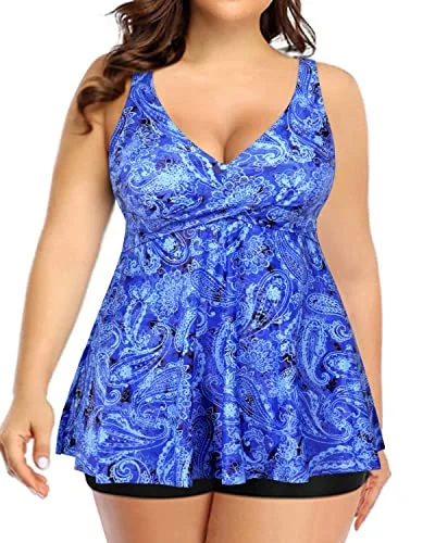 Plus Size High Waisted Boy Shorts Tankini Swimsuit For Women-Blue Tribal Halter Neck Swimsuit Plus Size High Waisted Boy Shorts Tankini Swimsuit For Women-Blue Tribal Halter Neck Swimsuit