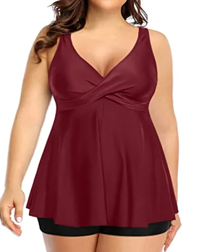 Flowy Plus Size Tankini Swimsuit Tummy Control Bathing Suits For Women-Maroon High-Waisted Swim Bottoms Flowy Plus Size Tankini Swimsuit Tummy Control Bathing Suits For Women-Maroon High-Waisted Swim Bottoms