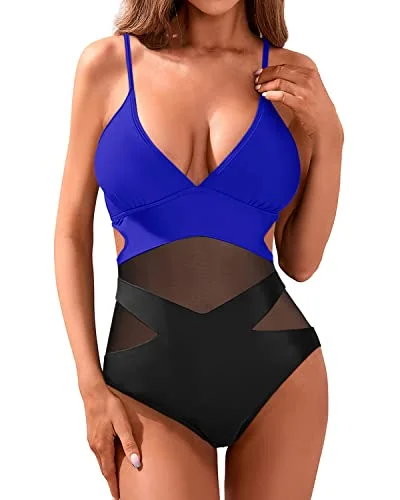 V Neck Sexy Mesh High Waisted Monokini Cutout Swimwear For Women-Royal Blue And Black Strapless Swimsuit Top V Neck Sexy Mesh High Waisted Monokini Cutout Swimwear For Women-Royal Blue And Black Strapless Swimsuit Top