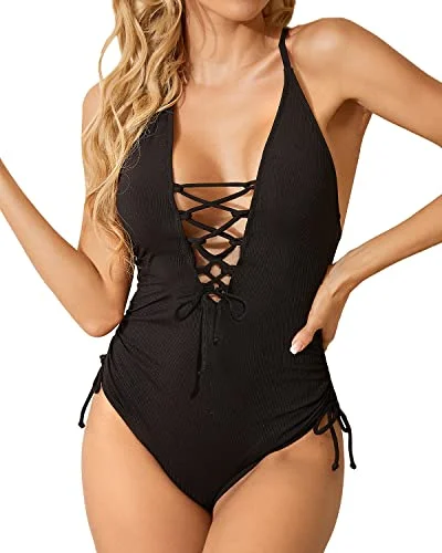 Women Sexy One Piece Swimsuit Plunge V Neck Lace Up Swimwear-Black Comfortable Swim Shorts Women Sexy One Piece Swimsuit Plunge V Neck Lace Up Swimwear-Black Comfortable Swim Shorts