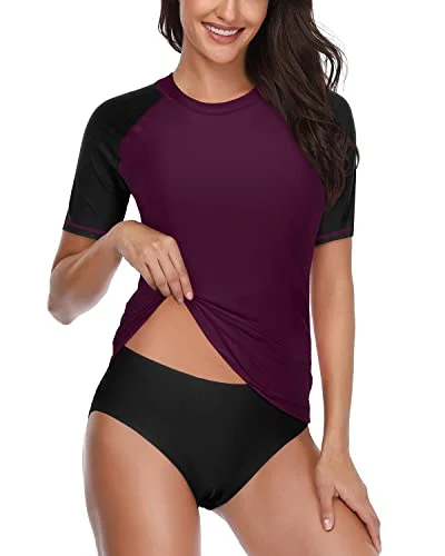 Short Sleeve Women's Two Piece Swimsuits Upf 50+ Spf Rash Guard-Purple Classic Monokini Design Short Sleeve Women's Two Piece Swimsuits Upf 50+ Spf Rash Guard-Purple Classic Monokini Design