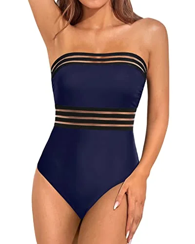 Bandeau Tube Swimswear Slimming Strapless One Piece Swimsuit For Women-Navy Blue Button-Front Swimsuit Bandeau Tube Swimswear Slimming Strapless One Piece Swimsuit For Women-Navy Blue Button-Front Swimsuit