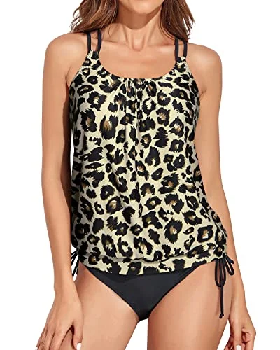 Loose Fitting Blouson Tankini Bathing Suits For Women-Black And Leopard Floral Bikini Top Loose Fitting Blouson Tankini Bathing Suits For Women-Black And Leopard Floral Bikini Top