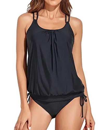 Athletic Blouson Tankini Top With Bikini Bottom Tummy Control Swimsuits-Black Trendy Swimwear Set Athletic Blouson Tankini Top With Bikini Bottom Tummy Control Swimsuits-Black Trendy Swimwear Set