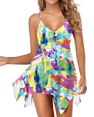 Women Flowy Swim Dress With Boy Shorts Two Piece Swim Dress-Color Tie Dye Modern High-Waisted Swimsuit Women Flowy Swim Dress With Boy Shorts Two Piece Swim Dress-Color Tie Dye Modern High-Waisted Swimsuit