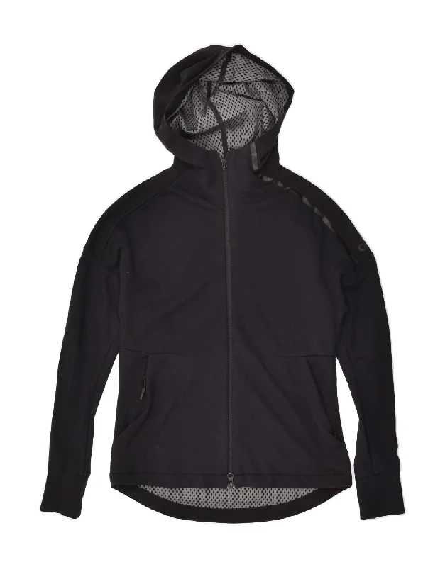ADIDAS Womens Hooded Tracksuit Top Jacket UK 4/6 XS Black Rayon Front Pockets Side Pockets Patch Pockets ADIDAS Womens Hooded Tracksuit Top Jacket UK 4/6 XS Black Rayon Front Pockets Side Pockets Patch Pockets