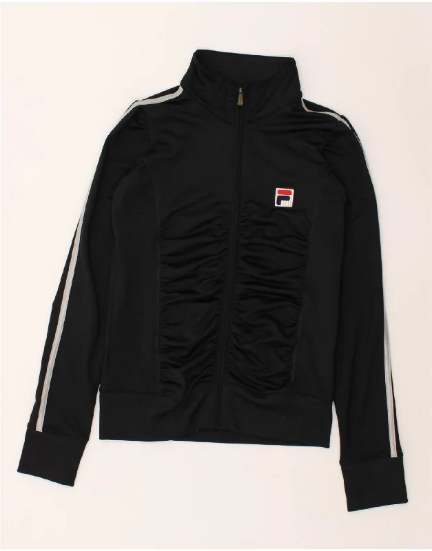 FILA Womens Tracksuit Top Jacket UK 12 Medium Black Polyester Front Pockets Side Pockets Patch Pockets FILA Womens Tracksuit Top Jacket UK 12 Medium Black Polyester Front Pockets Side Pockets Patch Pockets