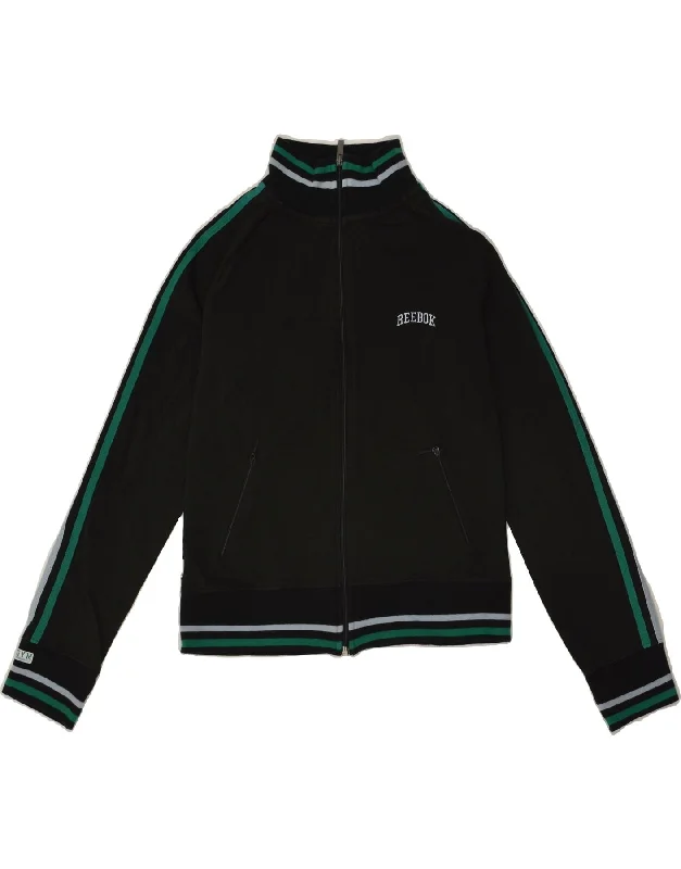 REEBOK Womens Graphic Tracksuit Top Jacket UK 14 Large Black Striped Zip Front Button Front Snap Front REEBOK Womens Graphic Tracksuit Top Jacket UK 14 Large Black Striped Zip Front Button Front Snap Front