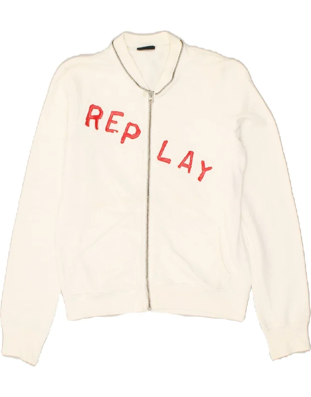 REPLAY Womens Graphic Tracksuit Top Jacket UK 12 Medium White Cotton A-Line Jacket Boat Neck Shawl Collar REPLAY Womens Graphic Tracksuit Top Jacket UK 12 Medium White Cotton A-Line Jacket Boat Neck Shawl Collar