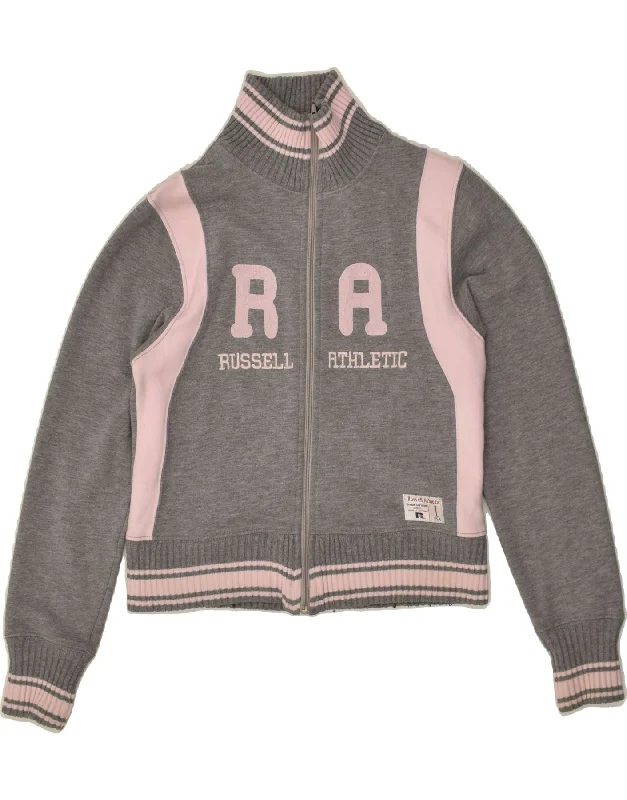 RUSSELL ATHLETIC Womens Graphic Tracksuit Top Jacket UK 12 Medium Grey Boat Neck Shawl Collar Notched Collar RUSSELL ATHLETIC Womens Graphic Tracksuit Top Jacket UK 12 Medium Grey Boat Neck Shawl Collar Notched Collar