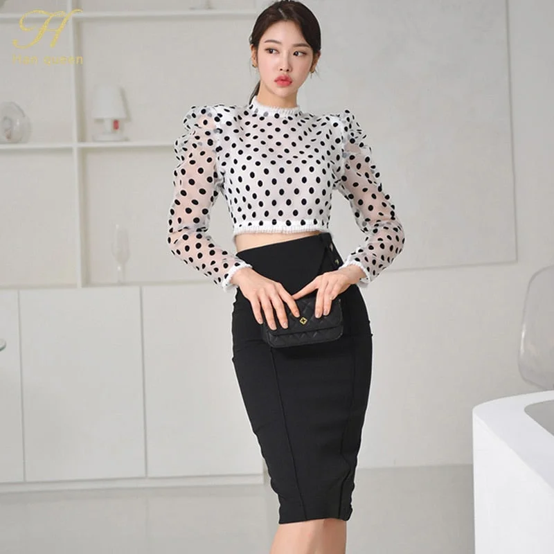 H Han Queen Spring Womens OL 2 Pieces Suits Dot Short Crop Top + High Waist Mid Sheath Bodycon Pencil Skirt Work Set silk skirt luxurious