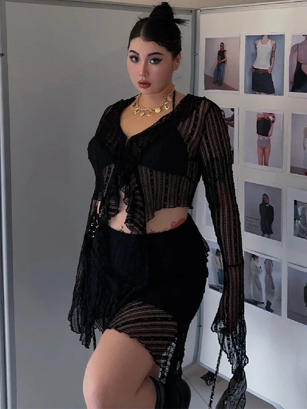 Kiara Plus Size Solid Color Sheer Plus Size V-neck Tulle Long Sleeve Cropped Top + High Waist Sheer Mini Skirt Matching Set denim skirt casual Kiara Plus Size Solid Color Sheer Plus Size V-neck Tulle Long Sleeve Cropped Top + High Waist Sheer Mini Skirt Matching Set denim skirt casual