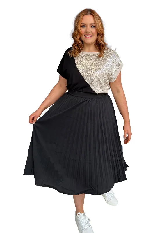 Pleated A Line Plus Size Black Midi Skirt leather skirt durable