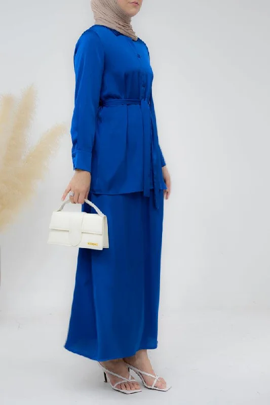 Royal Blue Blouse Skirt Modest set maxi skirt with elasticated waistband maxi sleeve buttoned shirt with a detachable belt denim skirt trendy Royal Blue Blouse Skirt Modest set maxi skirt with elasticated waistband maxi sleeve buttoned shirt with a detachable belt denim skirt trendy