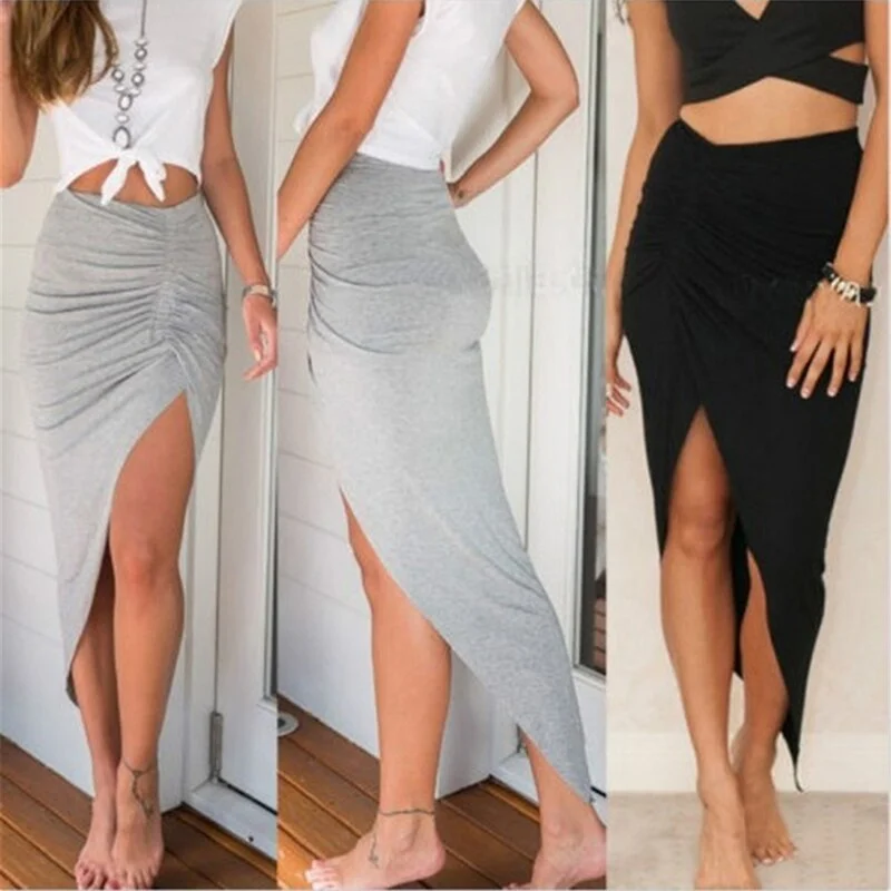 Women High Waisted Asymmetric Stretch Ruched Slit Skirt Beach Party Bodycon Skirts Pluss Size S-XL Black Gray silk skirt sleek Women High Waisted Asymmetric Stretch Ruched Slit Skirt Beach Party Bodycon Skirts Pluss Size S-XL Black Gray silk skirt sleek